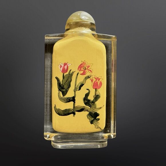 Antique Chinese Reverse Hand Painted TULIP FLORAL Snuff Imperial Yellow Bottle - Picture 2 of 9